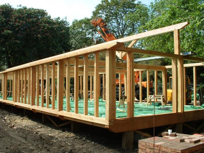 The construction of a Douglas fir framed restaurant.