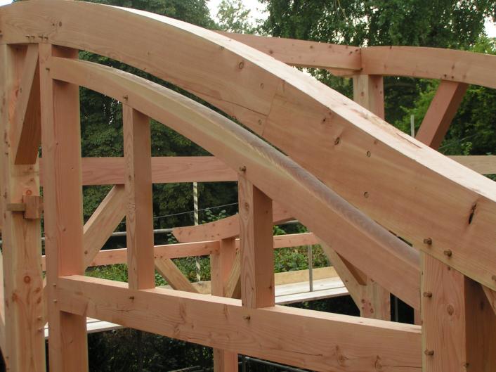 Curved timbers in a Douglas fir frame.